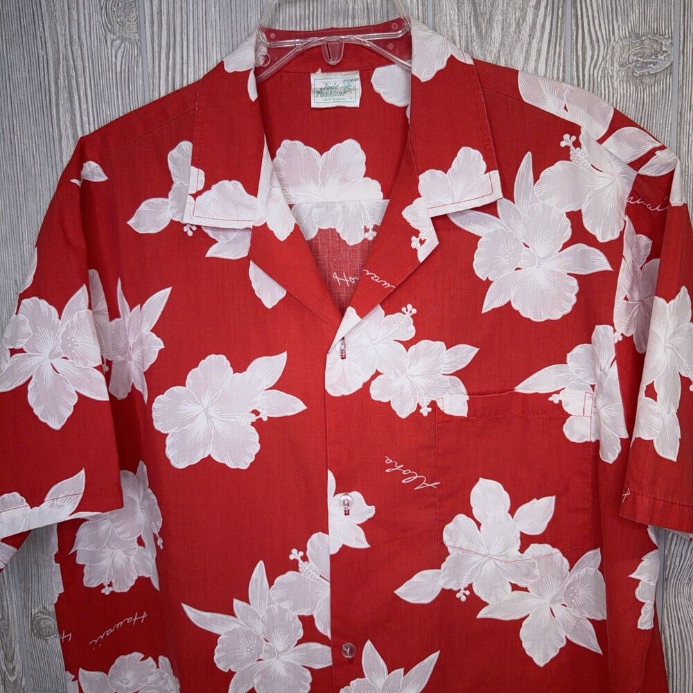 Jade Fashions Hawaiian Aloha Shirt Men's Size Large Red White Floral Hawaii USA